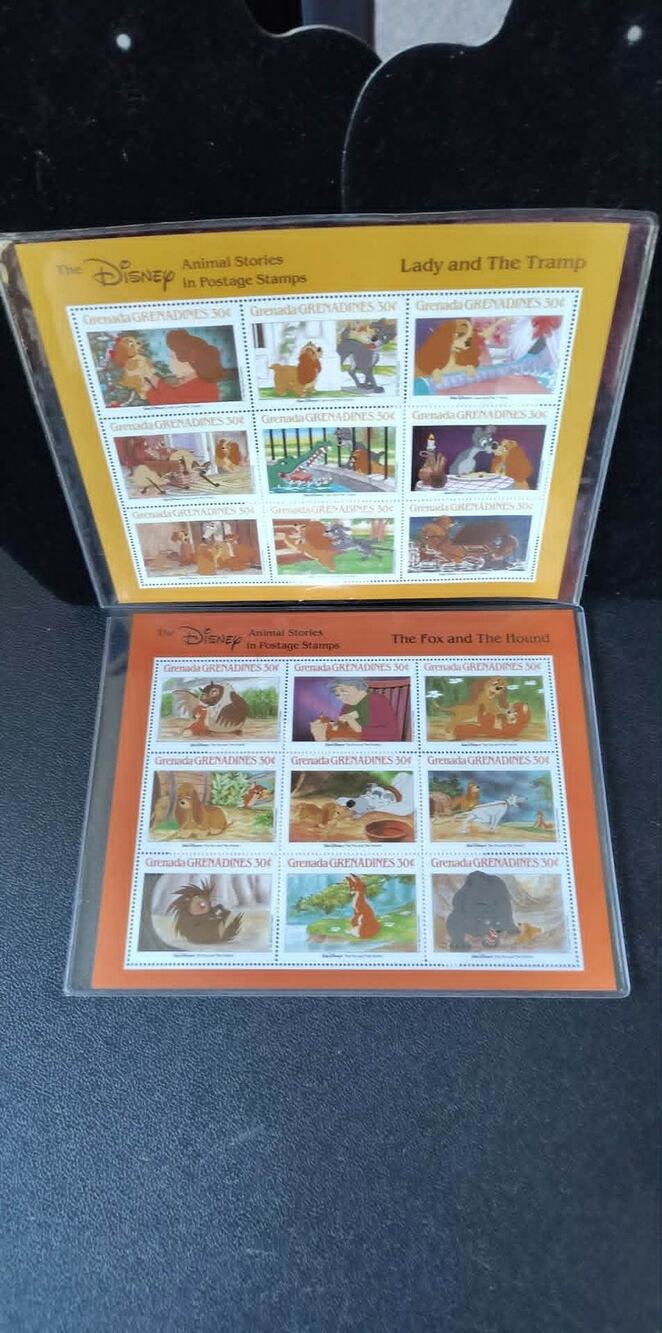 2 9pc Disney stamp sheets, Lady & the Tramp, Fox & Hound MNH ICS